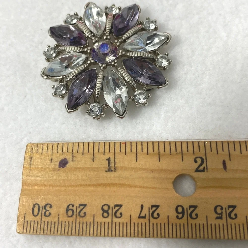 Womens Starburst Brooch Purple Clear Rhinestone Silver Tone Pendant for Necklace